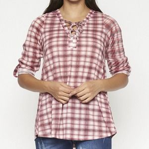 Pink Plaid Lace Up Neck Blouse